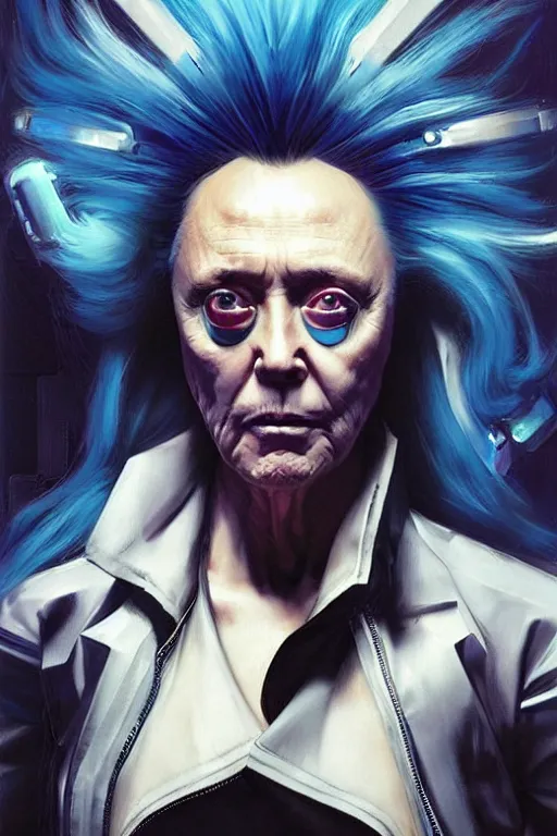 Prompt: a cyberpunk christopher walken with blue hair, masterpiece painting by artgerm and greg rutkowski and caravaggio