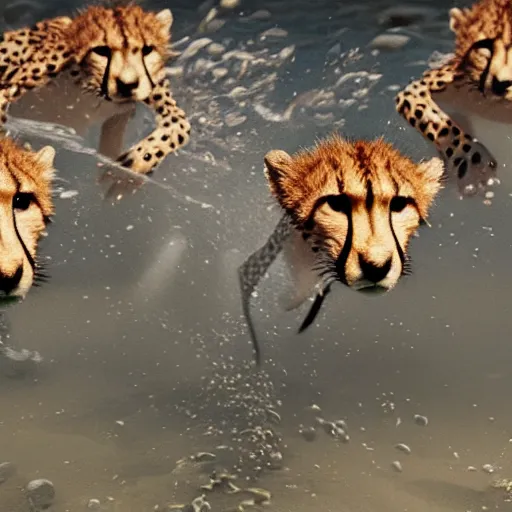 Image similar to Group of cheetahs running underwater, Artstation Trending, cgsociety, high quality, very coherent, ultra realism, high definition, post processing, unreal engine, 8k, high resolution, octane render, 4k UHD, photographic, digital art, art by uroš golubović artstation + bobryshev aleksandr artstation + ranulf busby doku artstation + echo lima artstation