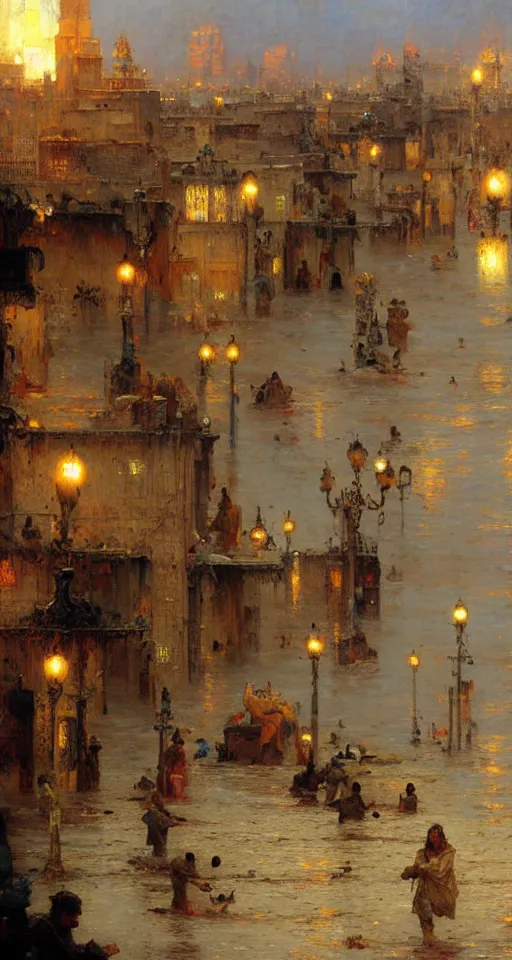 Prompt: the sea flooding the entire city of modern ahwaz. you can see the water entering buildings highly detailed painting by gaston bussiere, craig mullins, j. c. leyendecker