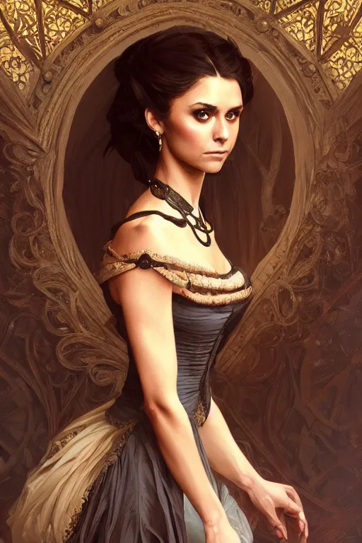 Image similar to Nina Dobrev dressed in a victorian fashion, D&D, fantasy, intricate, elegant, highly detailed, digital painting, artstation, concept art, matte, sharp focus, illustration, art by Artgerm and Greg Rutkowski and Alphonse Mucha