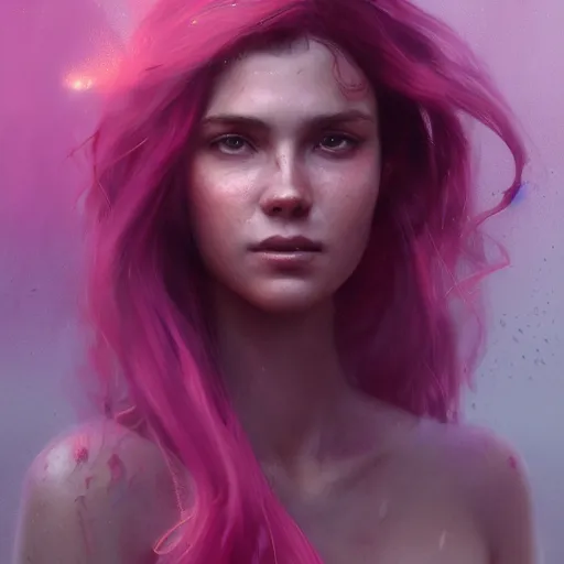 Image similar to an beautiful female survivor wearing a pink shirt, goddess, wet flowing hair, blurry backround, artstation, matte painting, made by greg rutkowski, concept art, epic portrait, 8 k, insanely detailed,