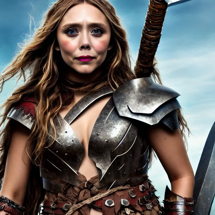 Prompt: professional full length photograph of elizabeth olsen as a barbarian warrior. Extremely detailed. 8k