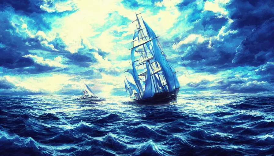 Image similar to one piece ship sailing, dark blue stormy ksy, sun sunset, with blue light piercing through clouds, makoto shinkai, royal blue colors, lighting refraction, volumetric lighting, pixiv art, highly detailed, anime art, symmetrical, wlop, anime art