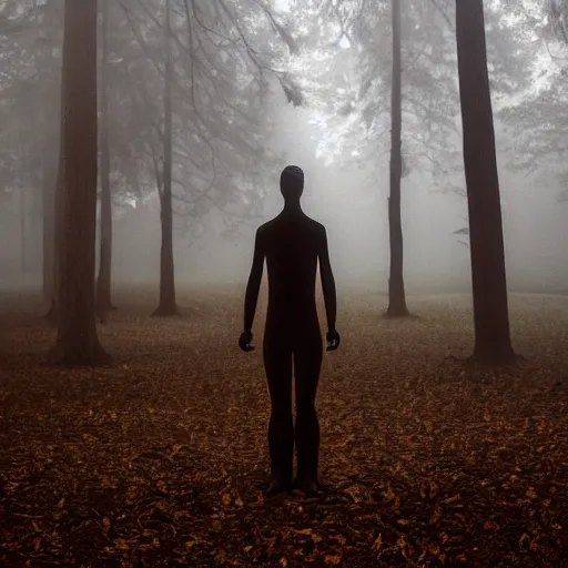 Image similar to an old photograph of a semi - transparent figure standing alone in a foggy forest, harsh lighting