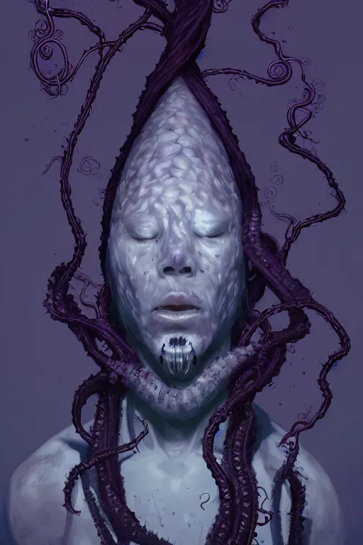 Prompt: A full body portrait of a mysterious shaman (male) with no face with a very long hooded dark purple cloak tentacles and vines coming out the ground art by Maciej Kuciara and Jason Chan, ominous, cosmic horror, trending on artstation, Ultra detailed, hyper realistic 4k