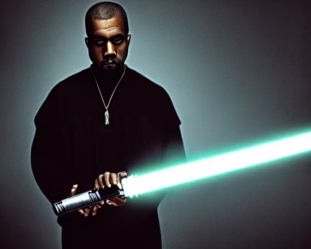 Image similar to a high definition photograph of Kanye West seriously holding a lightsaber, in moody lighting, high contrast, dark shadows