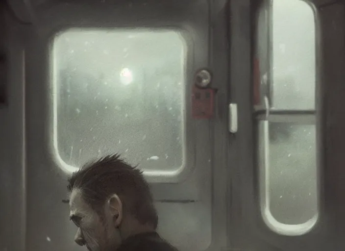 Prompt: man looks out of a train window, dim lighting, lonely, digital art, by wlop, by yoshitaka amano, highly detailed, expressive painting, dark atmosphere, moody, octane render