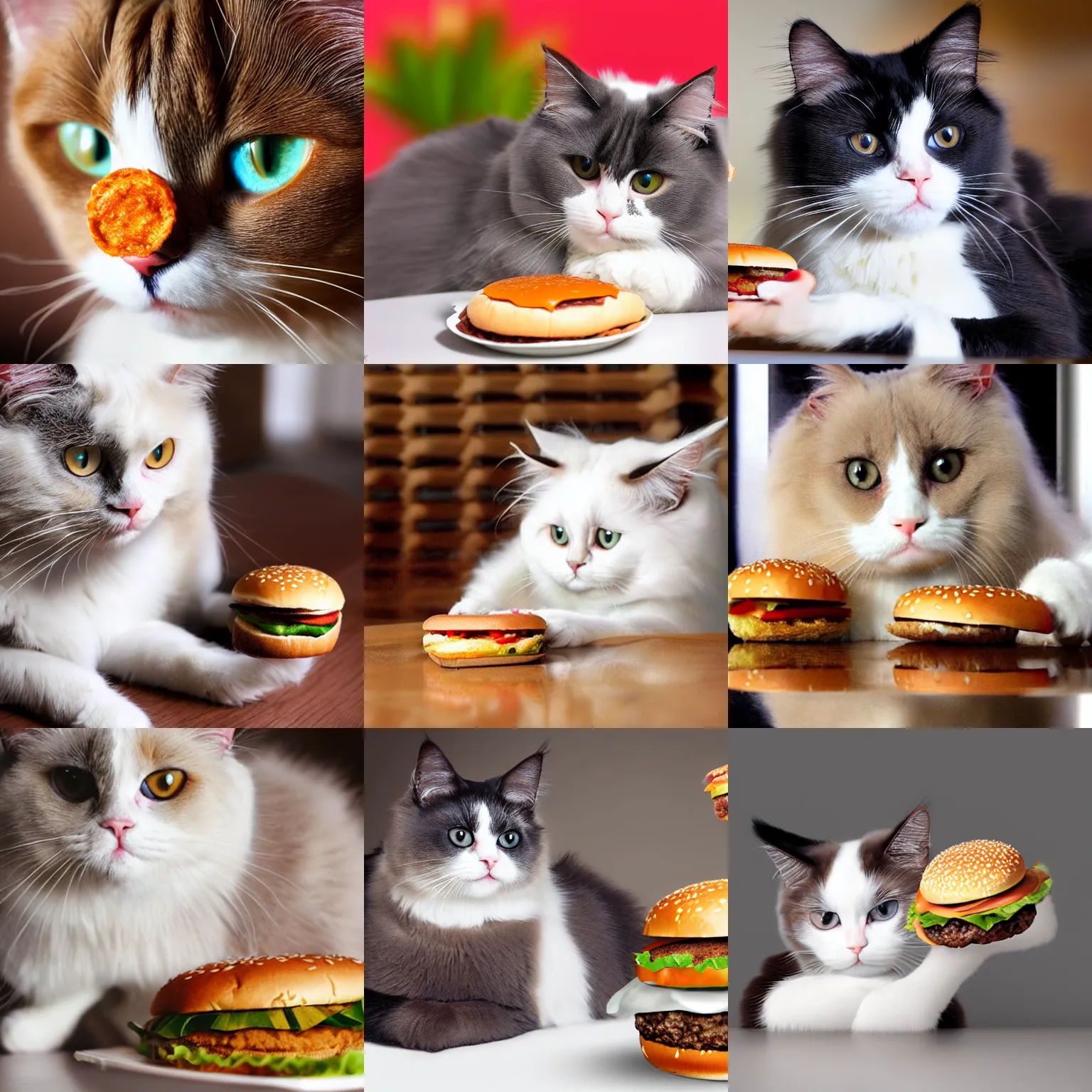 Prompt: a ragdoll cat breed is eating an hamburger, photorealistic, highly detailed