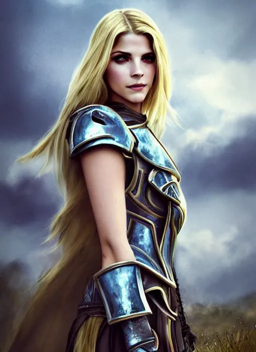 Image similar to portrait of a combination of Ashley Greene, Katheryn Winnick, Victoria Justice and Adriana Dxim, Grace Kelly, Emma Watson and Lily Collins with blonde hair wearing Paladin Armor from World of Warcraft, countryside, calm, fantasy character portrait, dynamic pose, above view, sunny day, thunder clouds in the sky, artwork by Jeremy Lipkin and Giuseppe Dangelico Pino and Michael Garmash and Rob Rey and Greg Manchess and Huang Guangjian, very coherent asymmetrical artwork, sharp edges, perfect face, simple form, 100mm