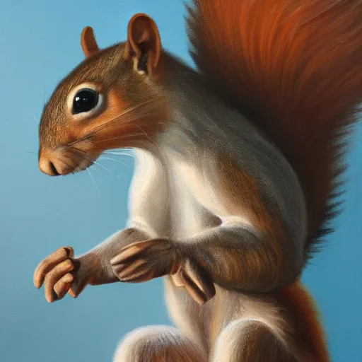 Image similar to oil painting of a muscular!!!! squirrel with bulging!! human!! biceps!!!!, 8 k, high quality