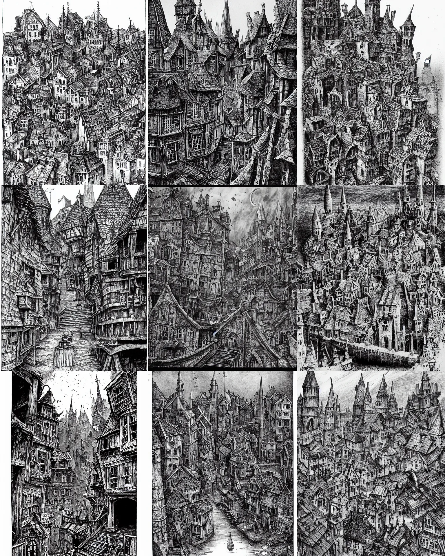 Prompt: a black and white illustration of mordheim, a surreal medieval city by john blanche, ian miller, alex boyd, highly detailed, ink on paper
