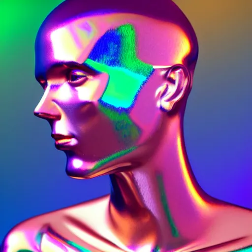 Image similar to 3d render of holographic human robotic head made of glossy iridescent, surrealistic 3d illustration of a human face non-binary, non binary model, 3d model human, cryengine, made of holographic texture, holographic material, holographic rainbow, concept of cyborg and artificial intelligence