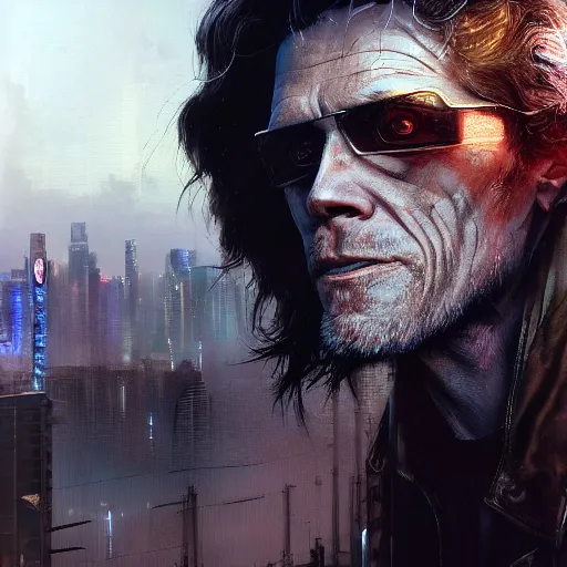 Image similar to closeup portrait of william dafoe, cyberpunk, shaggy ex military guy, city background, dramatic light, gorgeous view, depth, high detail, digital art, painted by greg rutkowski and seb mckinnon, neuromancer, trending on artstation