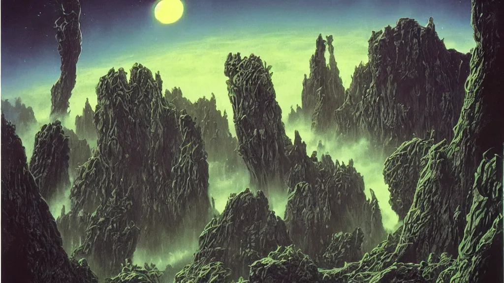 Image similar to eerie atmospheric alien worlds by michael whelan and bernie wrightson, epic cinematic matte painting