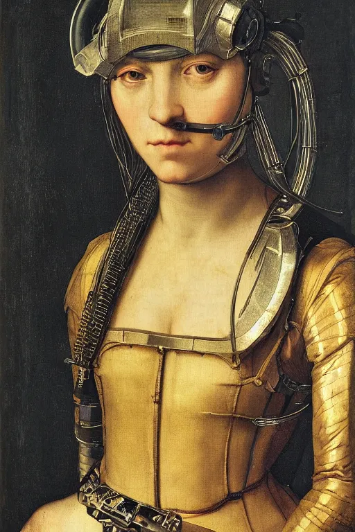 Image similar to a close - up portrait of a cyberpunk cyborg girl, by hans holbein the younger, rule of thirds