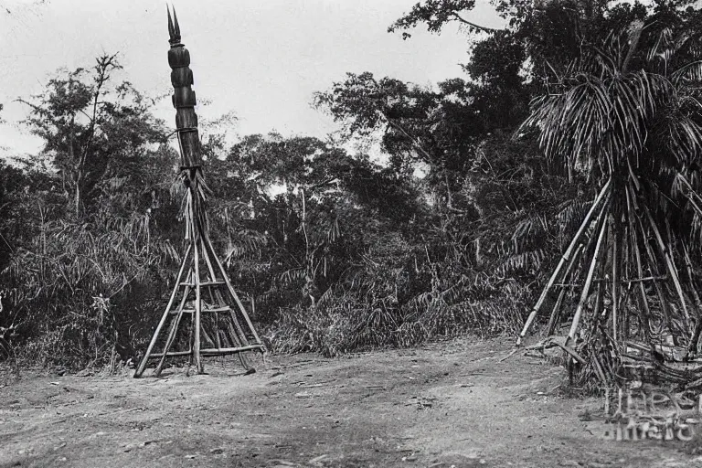 Image similar to a 1 9 0 5 colonial closeup photograph of a wooden moon rocket in a village at the river bank of congo, thick jungle, scary, evil looking, wide angle shot