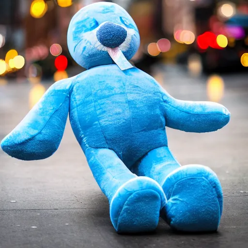 Image similar to blue'snappy gifts'human - sized plush doll, in new york, holding gift, happy atmosphere, high detail, soft lighting, 8 k