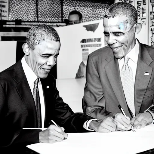 Image similar to former US President Barack Obama signing autographs, black and white crosshatching manga style.