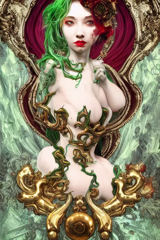 Image similar to rococo upper body portrait sigil with the intent of conquering the world lovecraftian undead zombie queen, green hair, bytian zi and wlop and alphonse mucha ornaments and gems hdr 8 k 3 d dslr hdr trending on artstation rendered with cryengine