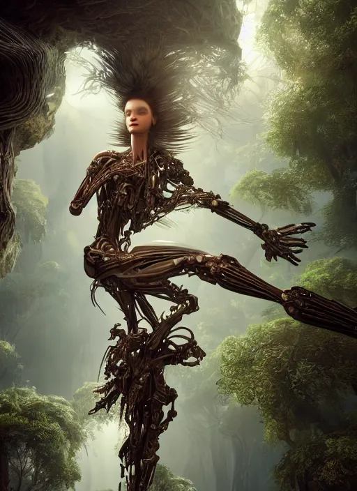 Image similar to beauteous stunning practical sumptuous androgynous biomechanical with incredible hair, crystalline masterpiece incrustations, hyperdetailed face, elegant pose, movie still, intricate accuracy, octane render, cinematic forest lighting, cgsociety, unreal engine, crepuscular rays, god rays