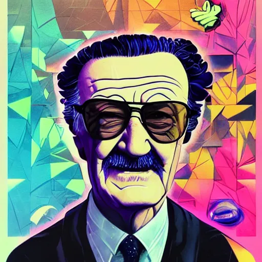 Prompt: profile picture of stan lee, weed, graffiti, hard edges, geometric 3 d shapes, stoned, og, trippy, asymmetrical, surreal, marijuana, 8 k, smoke, highly detailed masterpiece by sachin teng