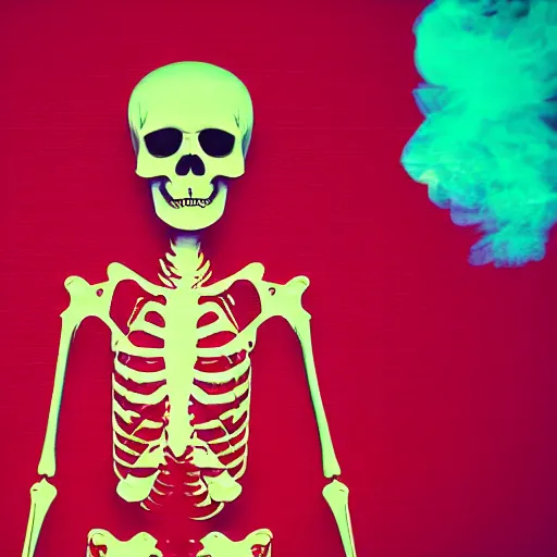 Prompt: A red skeleton infront of a vapourwave background