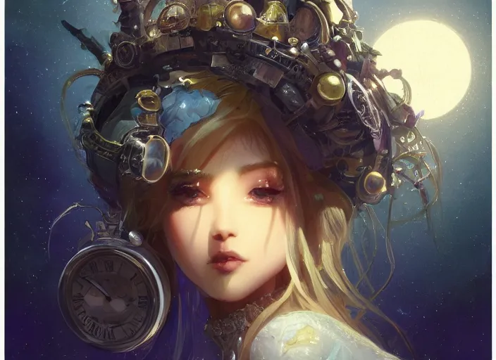 Prompt: closeup picture of a extremely beautiful and cute and aesthetic princess in the kingdom made of lunar and clock, mixed mechs of lunarpunk and clockpunk, moon light through, model pose, chiaroscuro, sharp focus, highly intricate detailed face, masterpiece, fantasy light novel cover art illustrations by ilya kuvshinov and jeremy lipking and anato finnstark