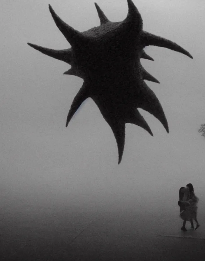 Image similar to very low - resolution found footage of a couple escaping in the city from a starfish kaiju monster, fog, foggy, korean film noir, monochrome, red hue, thriller, underdeveloped, epic, dramatic