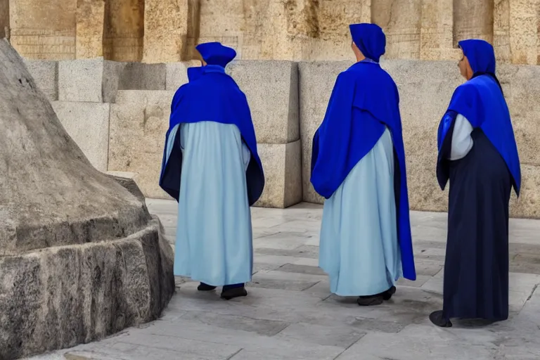 Image similar to photo of 3 women at the tomb of jesus, blue robes, golden triangle composition