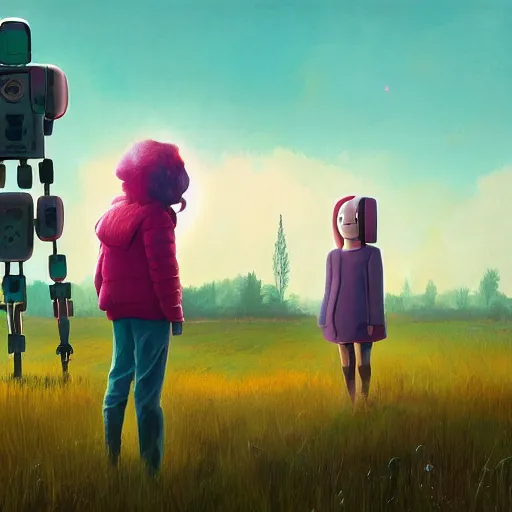 Image similar to a young girl and her tall humanoid robot going on a trip together, in a field, detailed, cinematic, cinematic lighting, by Simon Stalenhag