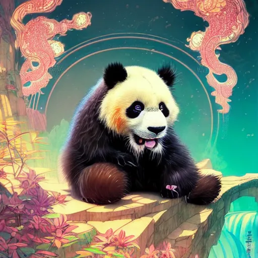 Image similar to a beautiful hyperdetailed character design 4 k wallpaper illustration of a cute panda with a chinese lion dance head victo ngai cyberpunk style, from china, style of studio ghibli, makoto shinkai, raphael lacoste, louis comfort tiffany, artgerm, james jean, ross tran, chinese style