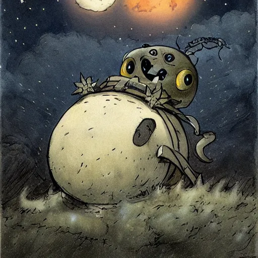 Image similar to ( ( ( ( ( grey lovecraftian mechanized pikachu demon from howl's moving castle ( 2 0 0 4 ), with a big head, on a desert road, wide shot, in front of a big moon. muted colors. ) ) ) ) ) by jean - baptiste monge!!!