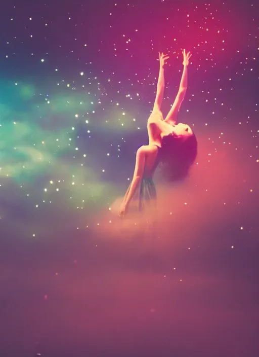 Image similar to elegant female ascending into the sky, glowing aura, motion blur, out of focus, film grain, cinematic lighting, experimental film, shot on 1 6 mm, soft lighting