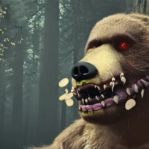 Image similar to scary ugly horror bear, 8 k, super detailed, octane render, vfx, super realistic, unreal engine 5, cinematic