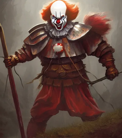 Prompt: painting of Pennywise as powerful dungeons and dragons warrior wearing plate armor with massive spear, fantasy, Artgerm, Rutkowski, artstation, trending