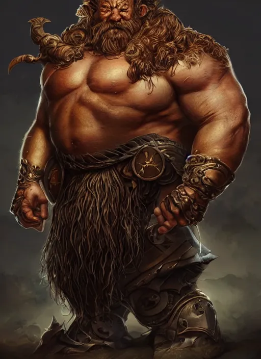 Prompt: a higly detailed airbrush full body shot and face portrait painting of a grim brute male dwarf warrior male character, dynamic lighting, ambient lighting, deviantart, art by artgerm and simon bisley and karol bak