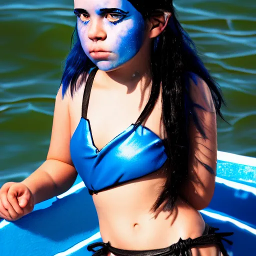 Prompt: a dnd Triton girl with blue skin and messy black hair wearing a black swimsuit sitting on the deck of a ship and holding an apple, a little blue-skinned girl with messy black hair sharp pointed ears freckles along the ridges of her cheeks, dnd triton, high resolution film still, 4k, HDR colors