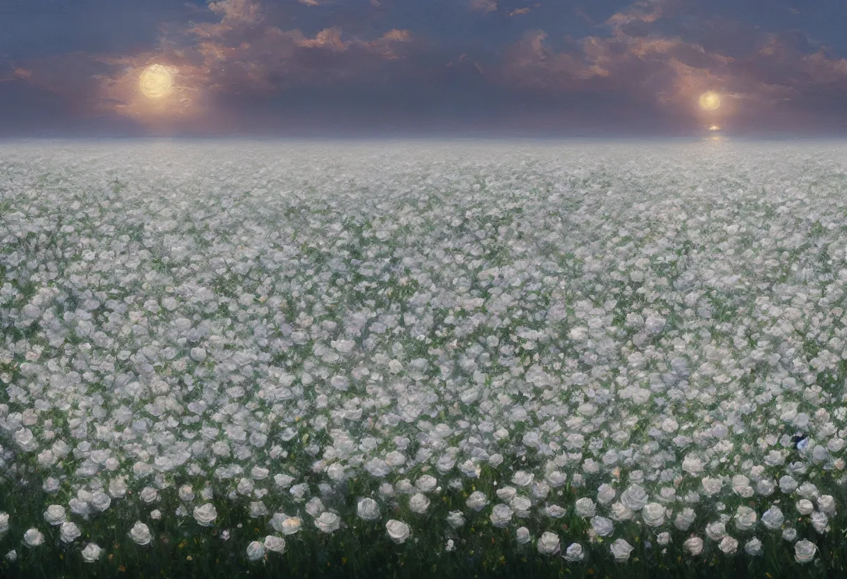 Prompt: a painting of a sea of white rose flowers, romantic, sunset, 4 k, trending on artstation in the style of greg rutkowski