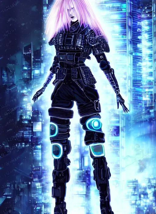 Image similar to stunning futuristic superb cyberpunk young female Samurai wearing samurai armor hybrid with military tactical vest, armor has neon circuitry, long white hair, windswept hair, sci-fi in futuristic stormy heavy rain thunder flashing tokyo rooftop cyberpunk night, sci-fi,fantasy, intricate, very very beautiful, elegant, neon light, highly detailed, digital painting, artstation, hyper realism, concept art, soft light, hdri, smooth, sharp focus, illustration, art by tian zi and craig mullins and WLOP and alphonse mucha
