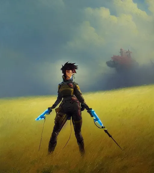 Prompt: oil painting of tracer overwatch in a field of grass, style of ivan aivazovsky, full body