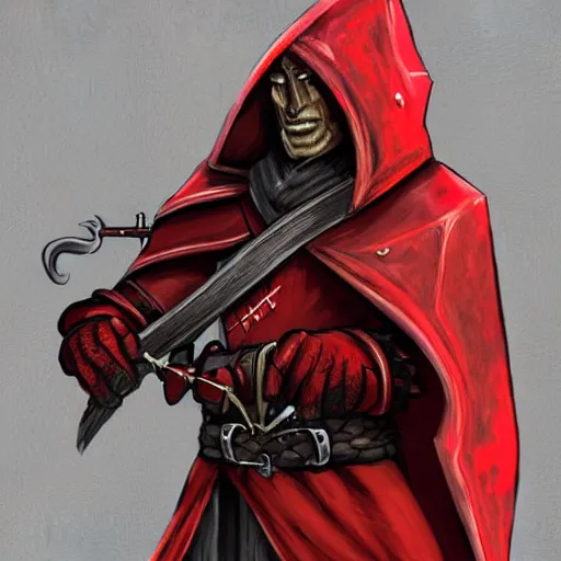 Image similar to A red D&D dragonborn wearing a hood and leather coat and holding a flintlock pistol. Profile view, Artstation
