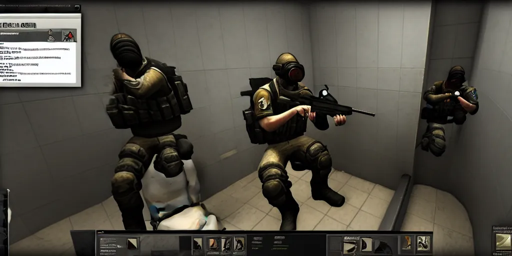 Image similar to playing counter strike global offensive while on the toilet, high quality realism