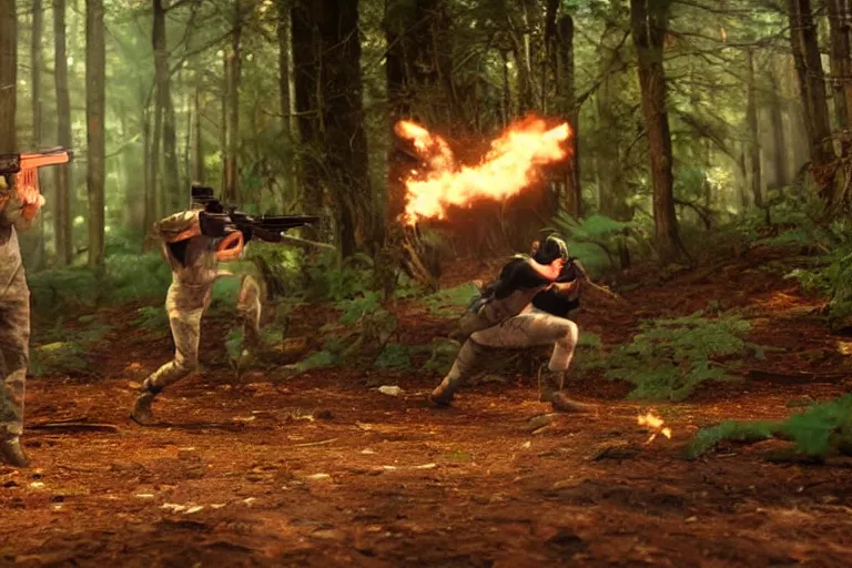 Image similar to woodland creatures battling at war with guns, bullet time, woodland setting