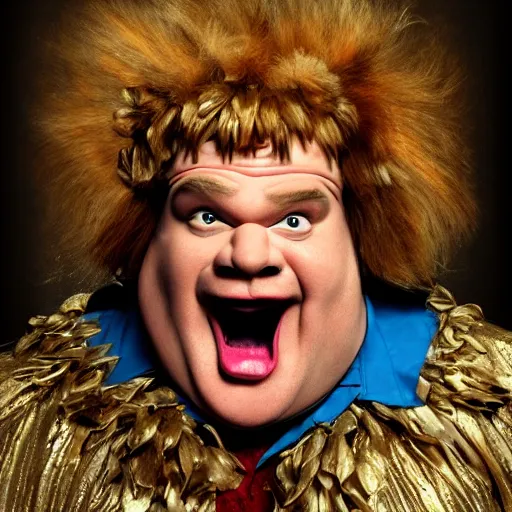 Image similar to snl chris farley as the cowardly lion of oz, studio poster photography, trending on artstation, featured on deviantart, award winning costume