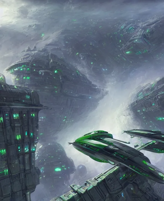 Prompt: a futuristic green spaceship flying above a large city by hr giger and beksinski and stephan martiniere, trending on artstation, 4 k resolution, detailed, high quality, hq artwork