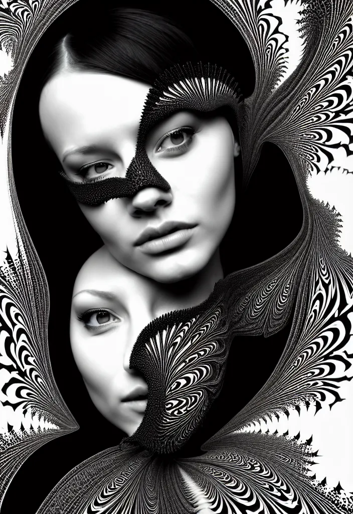 Image similar to portrait of a young beautiful woman with a partially covering mask. fractal, mandelbulb technique. black and white, black on black. intricate, elegant, super highly detailed, professional digital painting, smooth, extreme illustration, Photorealism, HD quality, 8k resolution, 3D, beautiful, cinematic, art. art deco, art nouveau.