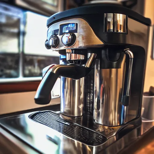 Prompt: close up realistic detailed photo of an expensive coffee machine in a cozy coffee shop, hdr, depth of field, chrome, reflections, volumetric lighting