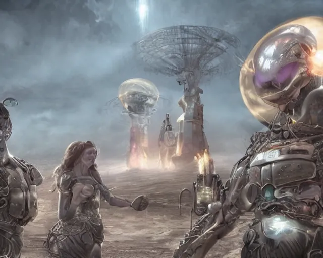 Prompt: love, joy, realistic textured magnetosphere humanoids, complex cybernetic glowing vortexes, large array, ornate, cinematic light shadows, hdr refractions, insanely detailed rendering, cybernetic civilisations, 8 k, *