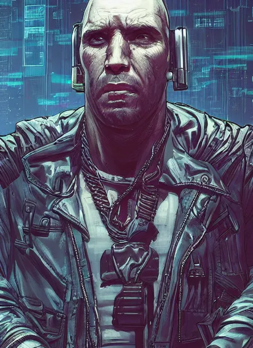 Image similar to Dumb Bubba. Buff cyberpunk meathead looking scared. Realistic Proportions. Concept art by James Gurney and Laurie Greasley. Moody Industrial skyline. ArtstationHQ. Creative character design for cyberpunk 2077.