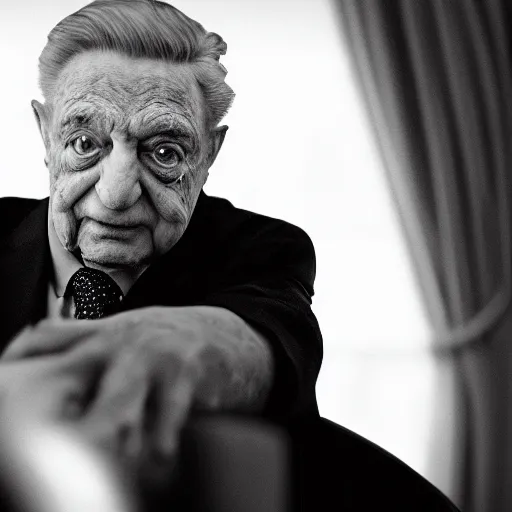 Image similar to Portrait of George Soros looking evil, splash art, movie still, cinematic lighting, dramatic, octane render, long lens, shallow depth of field, bokeh, anamorphic lens flare, 8k, hyper detailed, 35mm film grain